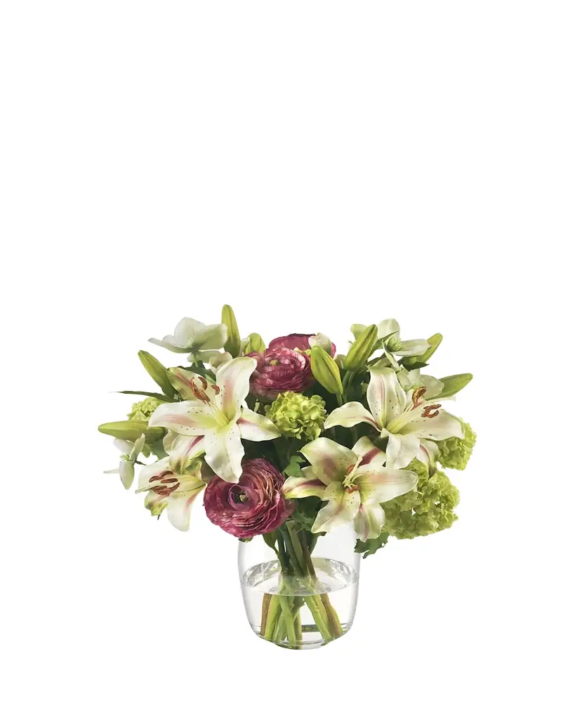 Diane James Lilies, Ranunculus, and Snowballs 16" Faux Floral Arrangement in Glass Vase | Image 1 Diane James Lilies, Ranunculus, and Snowballs 16" Faux Floral Arrangement in Glass Vase | Image 1