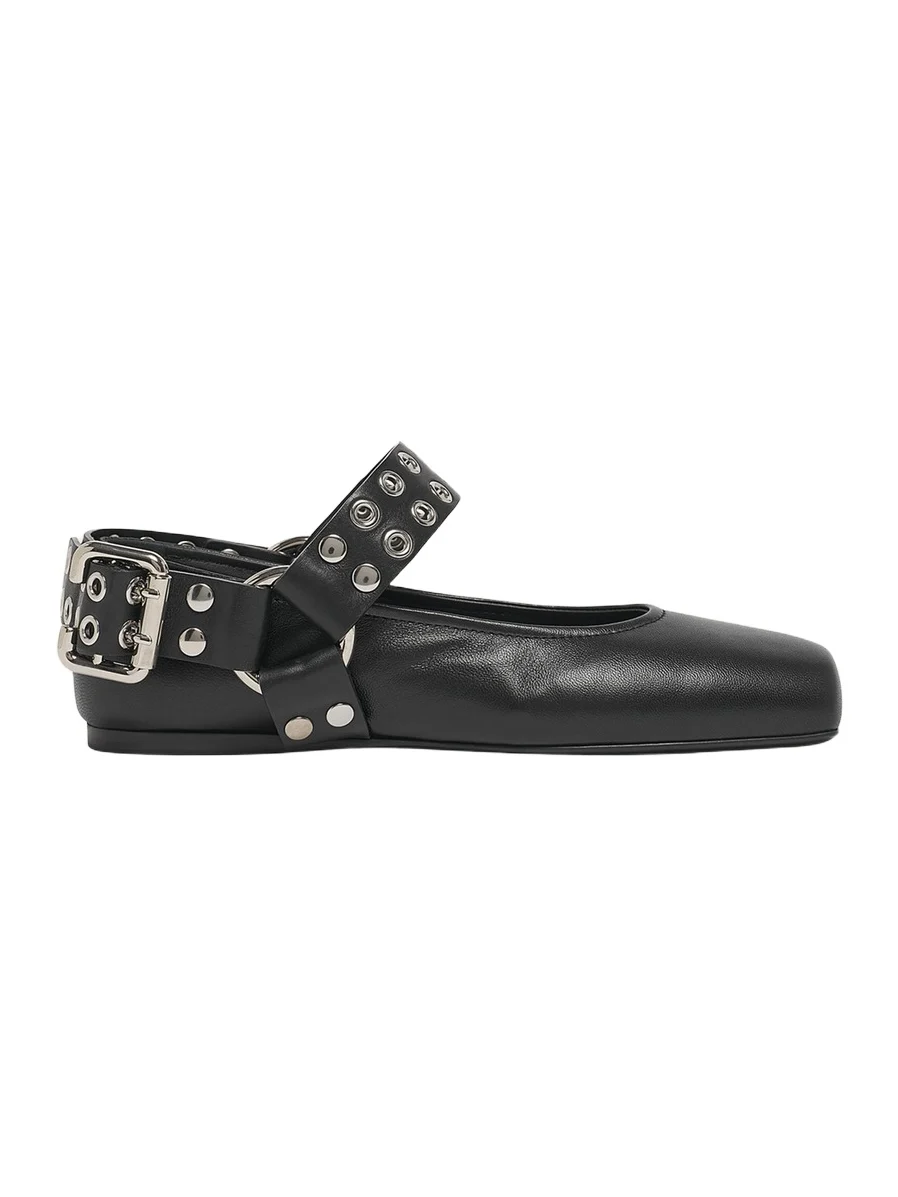 Leather Grommet Harness Ballerina Flats