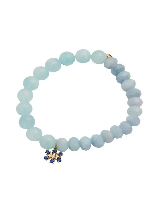 Aqua Beaded Bracelet with Sapphire & Diamond Flower Charm Aqua Beaded Bracelet with Sapphire & Diamond Flower Charm
