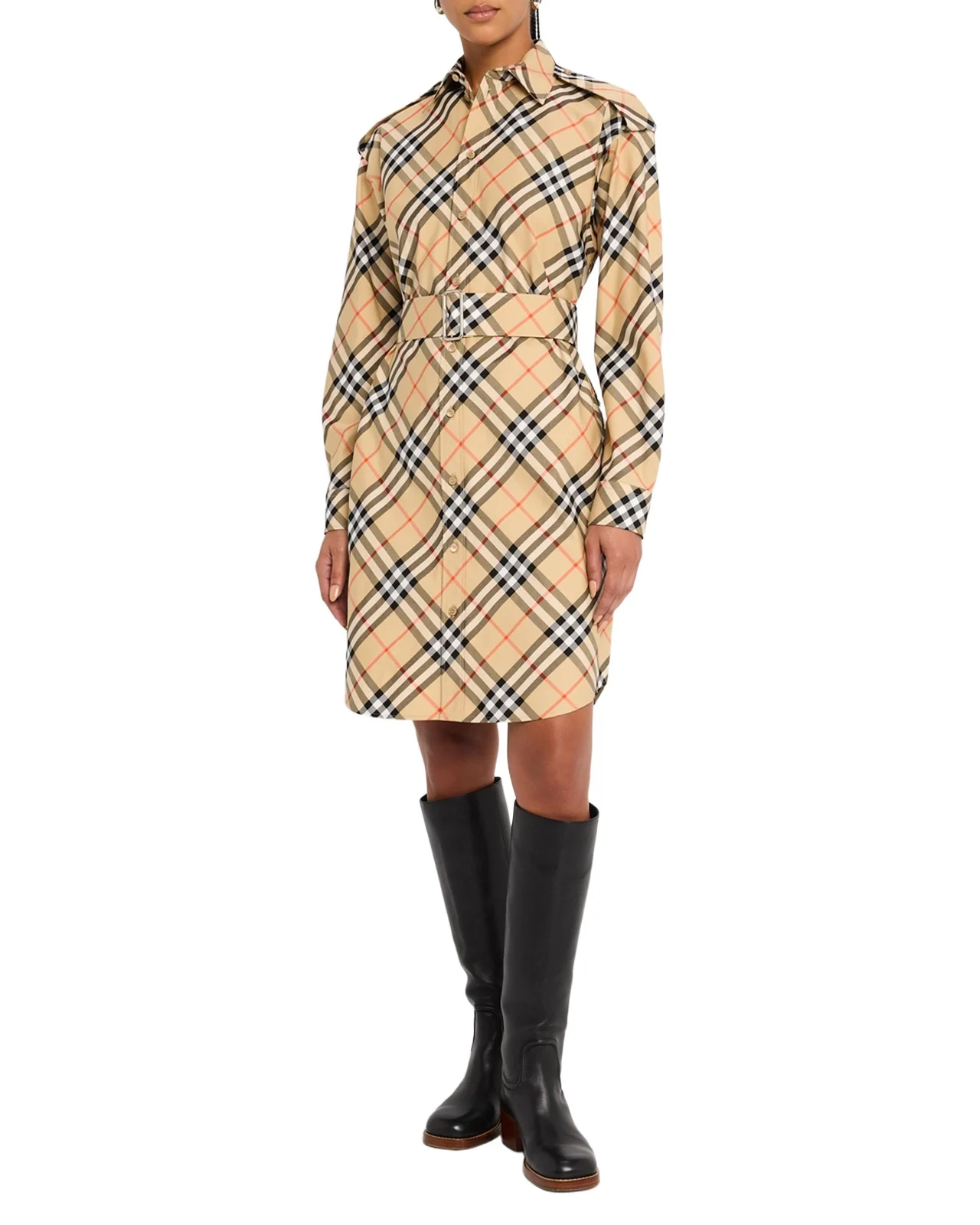 Check Belted Long-Sleeve Shirtdress Check Belted Long-Sleeve Shirtdress