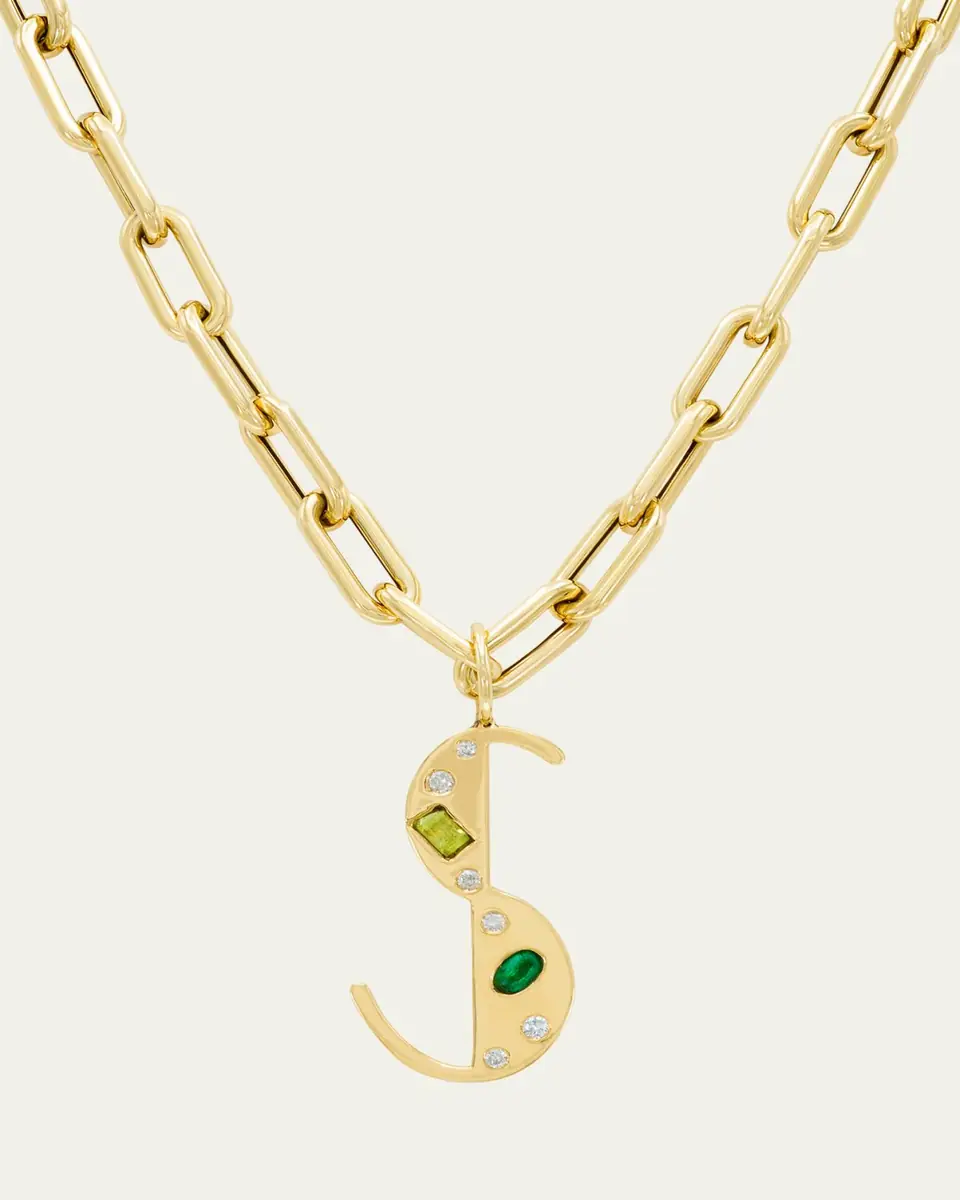 Audrey C. Jewels 14K Yellow Gold Custom Bespoke Initial Necklace with Diamonds, Emeralds and Peridot, 18"L | Thumbnail 2