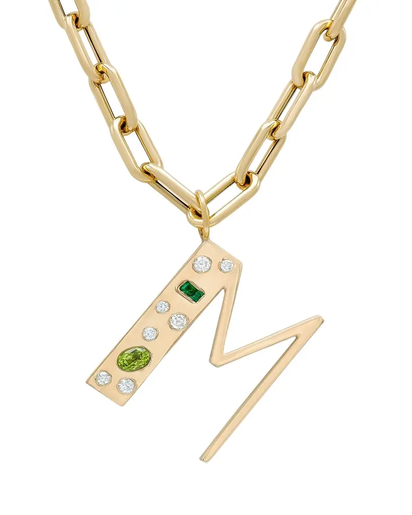 Audrey C. Jewels 14K Yellow Gold Custom Bespoke Initial Necklace with Diamonds, Emeralds and Peridot, 18"L