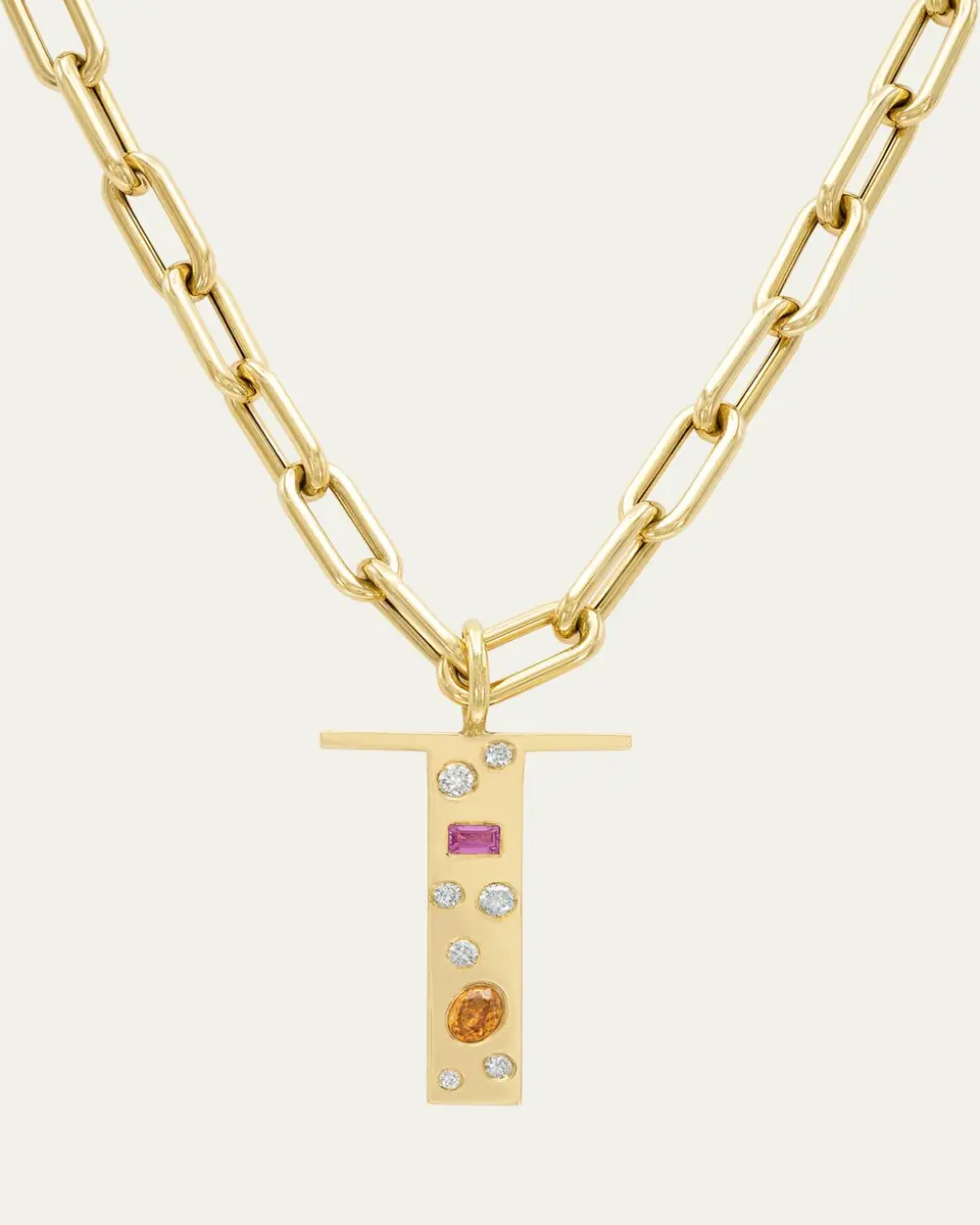 Audrey C. Jewels 14K Yellow Gold Custom Bespoke Initial Necklace with Diamonds, Ruby, and Pink Sapphire, 18"L | Thumbnail 2