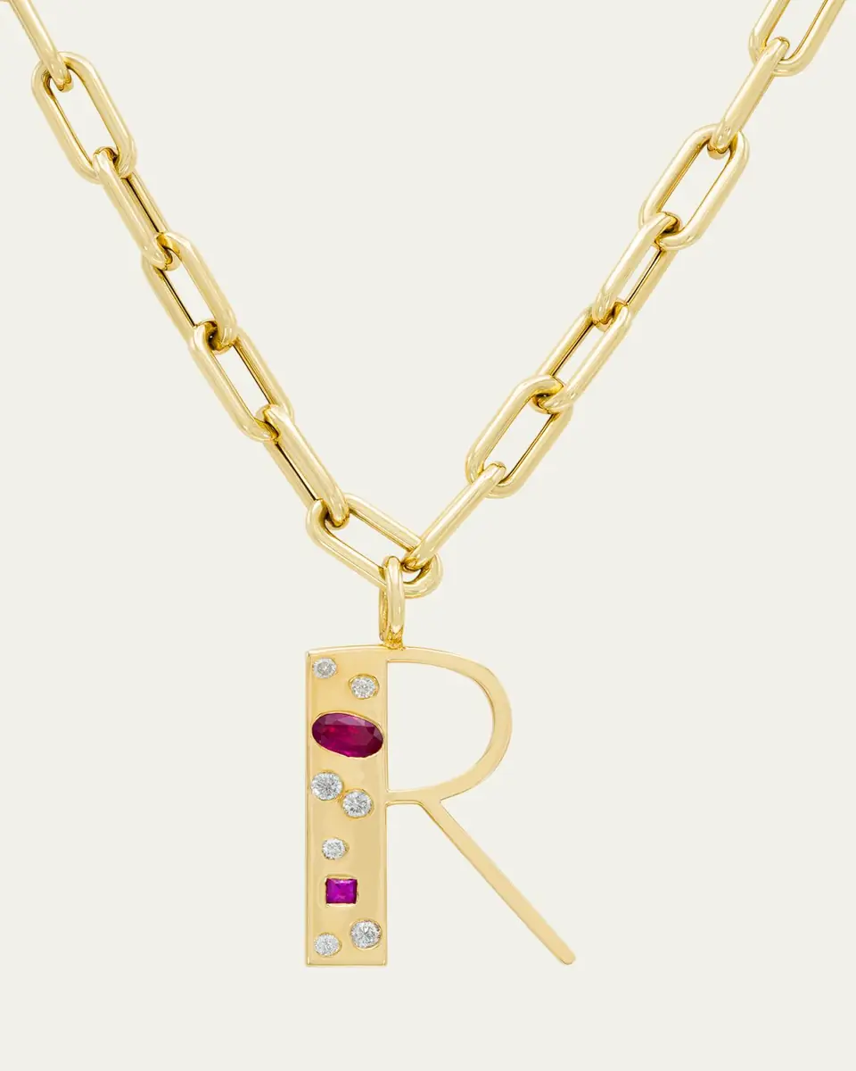 Audrey C. Jewels 14K Yellow Gold Custom Bespoke Initial Necklace with Diamonds, Ruby, and Pink Sapphire, 18"L | Thumbnail 3