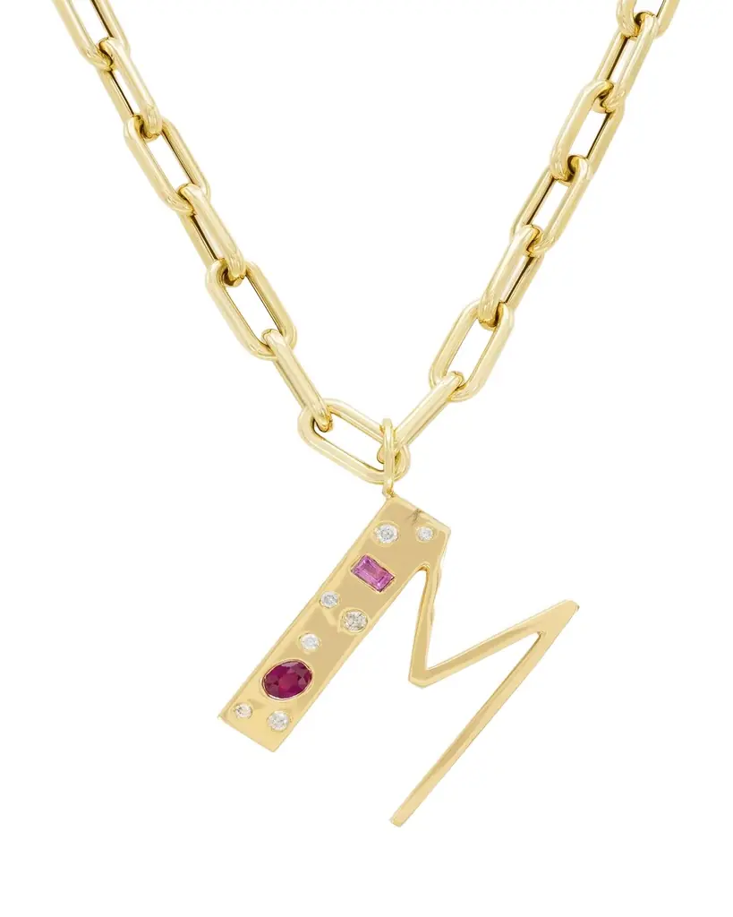 Audrey C. Jewels 14K Yellow Gold Custom Bespoke Initial Necklace with Diamonds, Ruby, and Pink Sapphire, 18"L