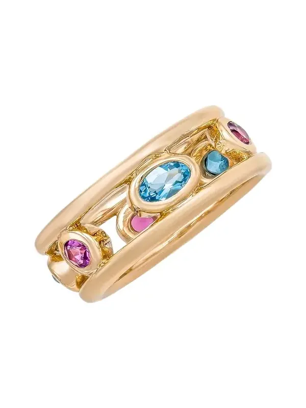 Audrey C. Jewels 14K Yellow Gold Crown Ring with Pink Tourmaline and Blue Topaz
