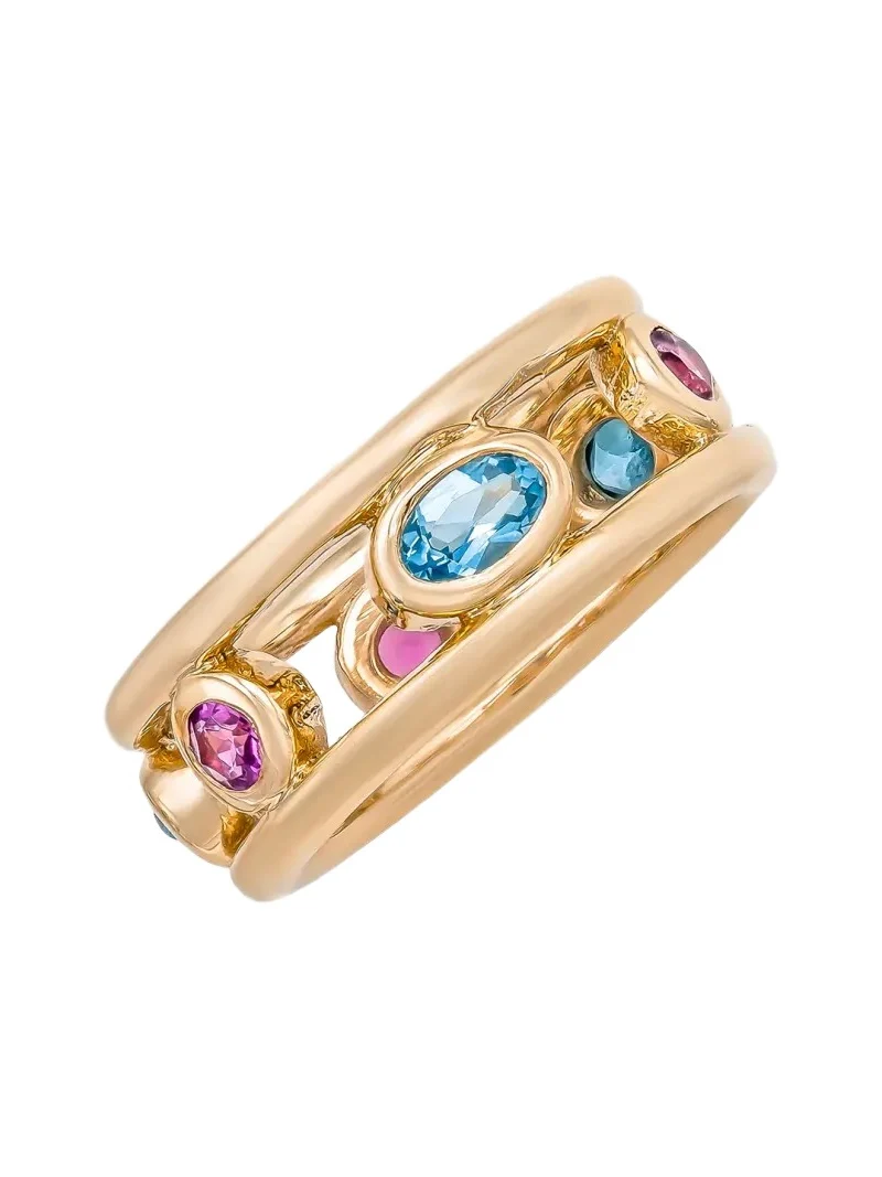 Audrey C. Jewels 14K Yellow Gold Crown Ring with Pink Tourmaline and Blue Topaz
