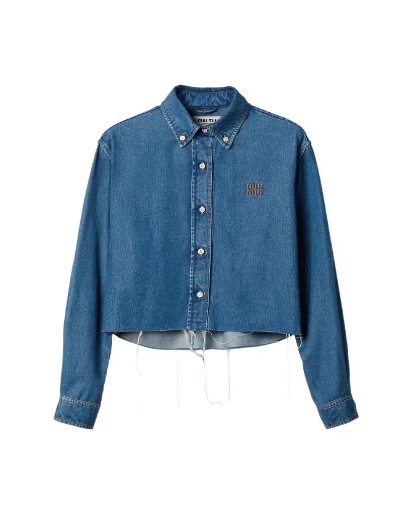 Miu Miu Denim Cropped Collared Button Down Shirt | Image 1 Miu Miu Denim Cropped Collared Button Down Shirt | Image 1