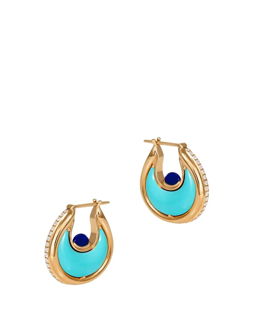 L’Atelier Nawbar Diana Diamond Hoop Earrings with Turquoise and Lapis | Image 1 L’Atelier Nawbar Diana Diamond Hoop Earrings with Turquoise and Lapis | Image 1