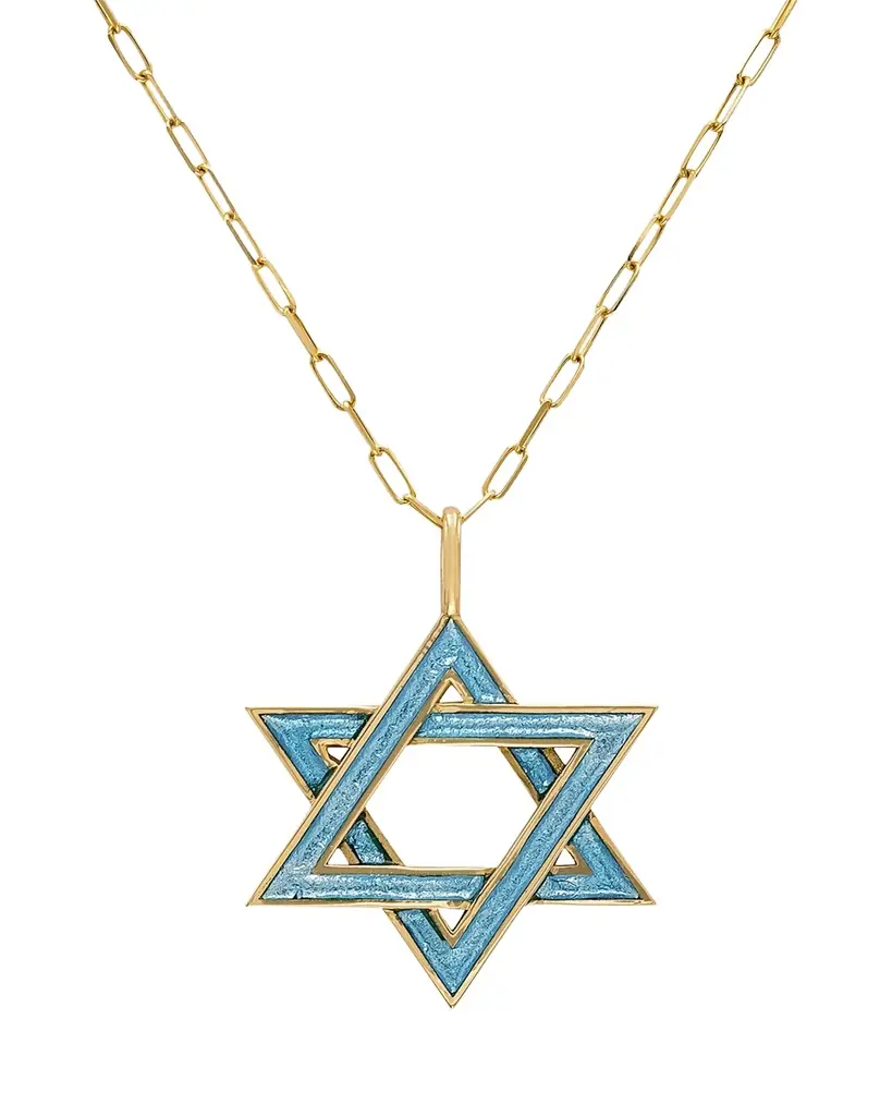 Audrey C. Jewels 18K Yellow Gold and Blue Enamel Star of David Necklace, 16"L