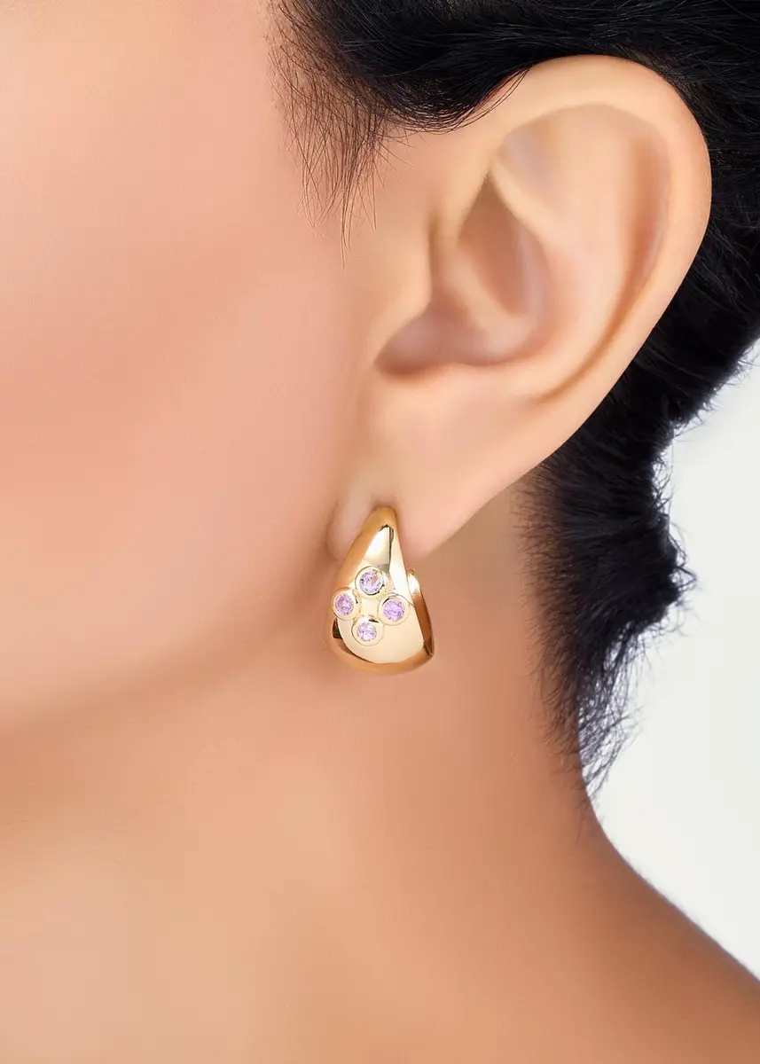 L. Klein 18K Yellow Gold Dome Hoop Earrings with Pink Sapphires | Thumbnail 2