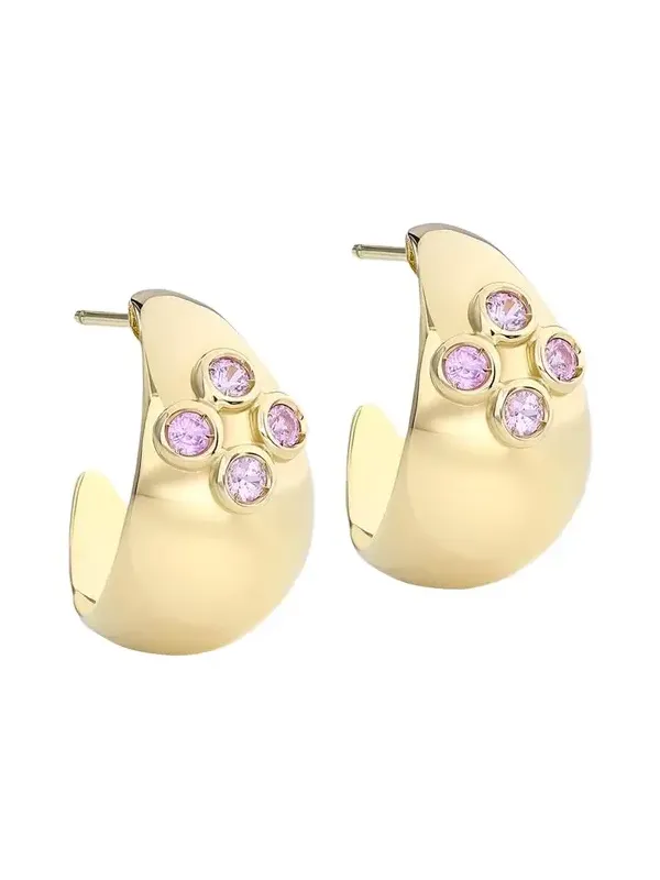 18K Yellow Gold Dome Hoop Earrings with Pink Sapphires 18K Yellow Gold Dome Hoop Earrings with Pink Sapphires