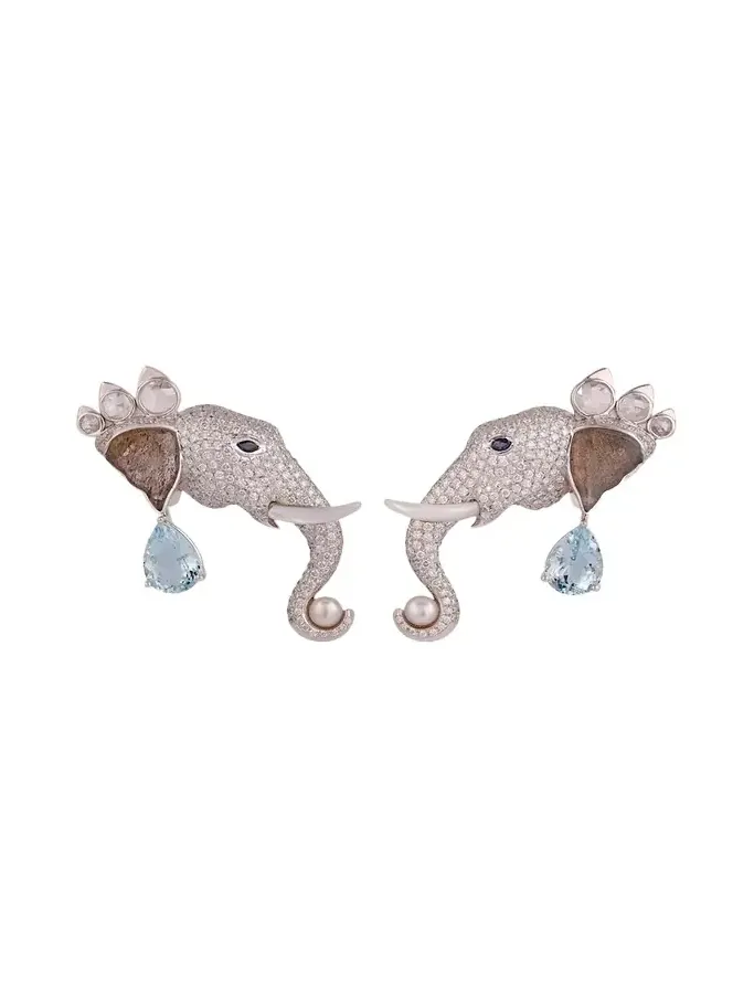 18K White Gold Elephant Diamond and Gemstone Earrings, One-Of-A-Kind