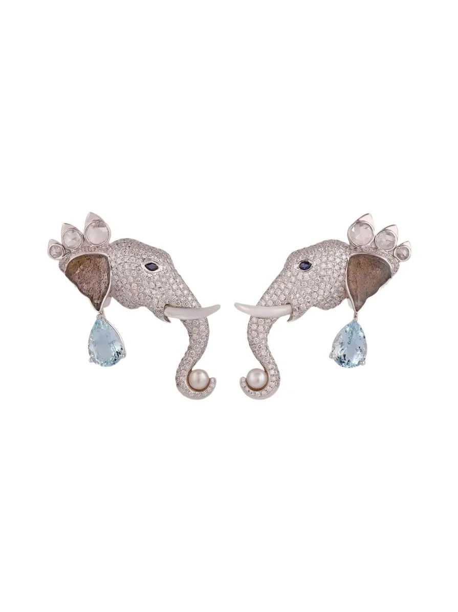 18K White Gold Elephant Diamond and Gemstone Earrings, One-Of-A-Kind