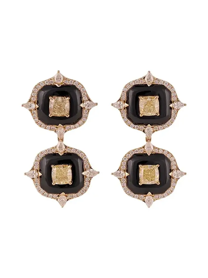 18K Yellow Gold Diamond and Onyx Earrings, One-Of-A-Kind