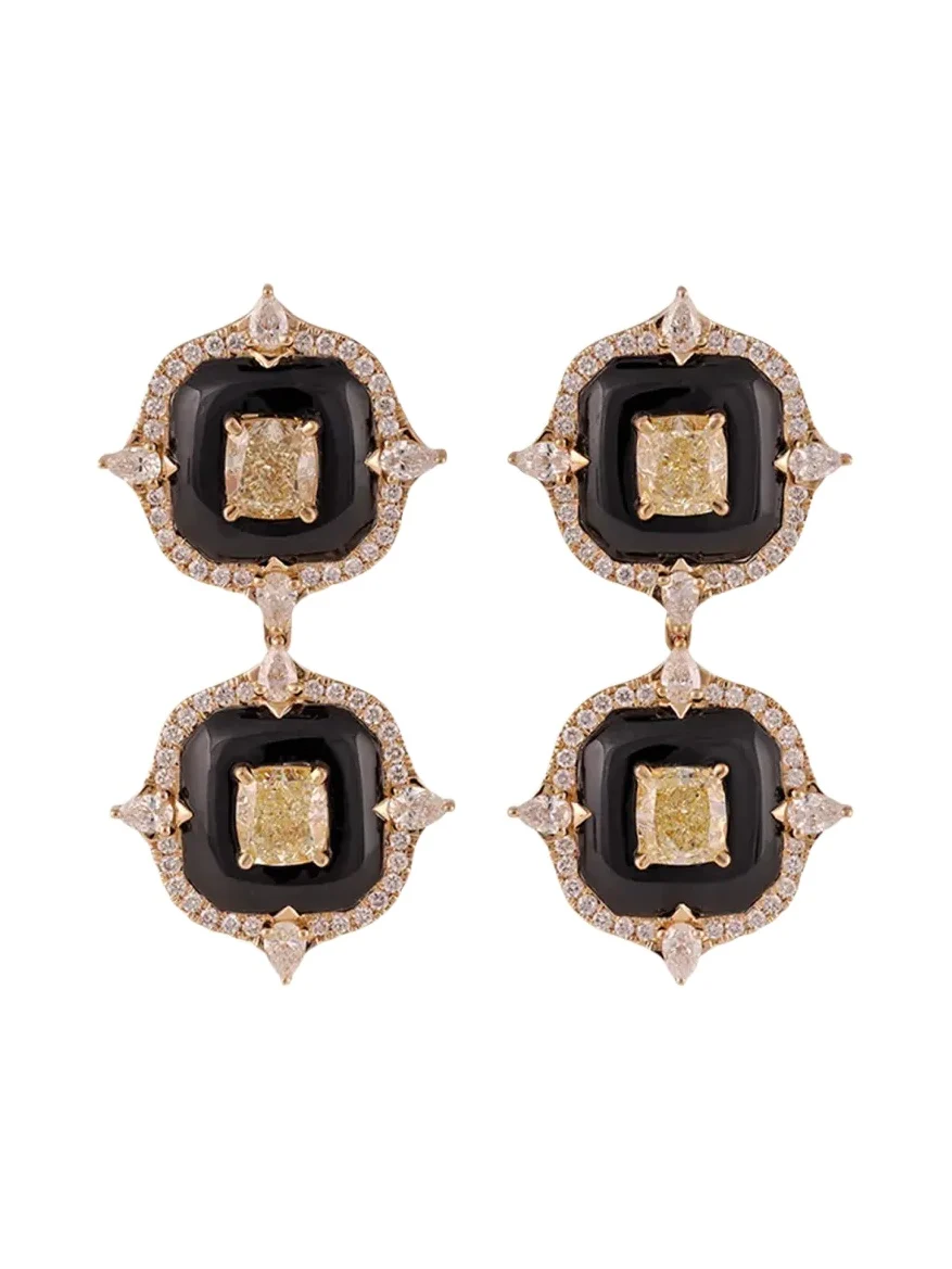 Gyan Jaipur 18K Yellow Gold Diamond and Onyx Earrings, One-Of-A-Kind