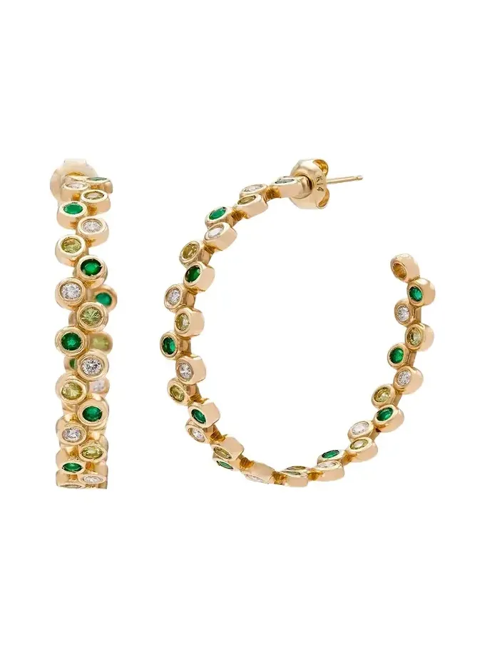 Audrey C. Jewels 14K Yellow Gold Round Floating Hoop Earrings with Diamonds, Emeralds, and Peridot