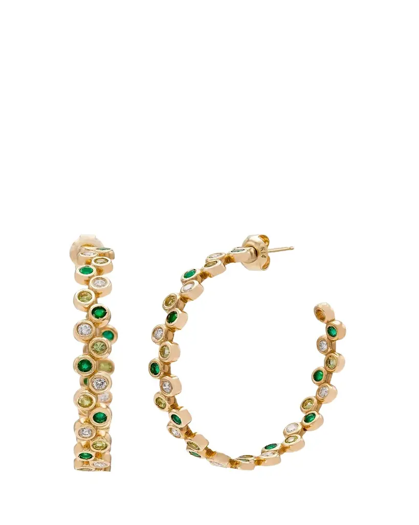 Audrey C. Jewels 14K Yellow Gold Round Floating Hoop Earrings with Diamonds, Emeralds, and Peridot
