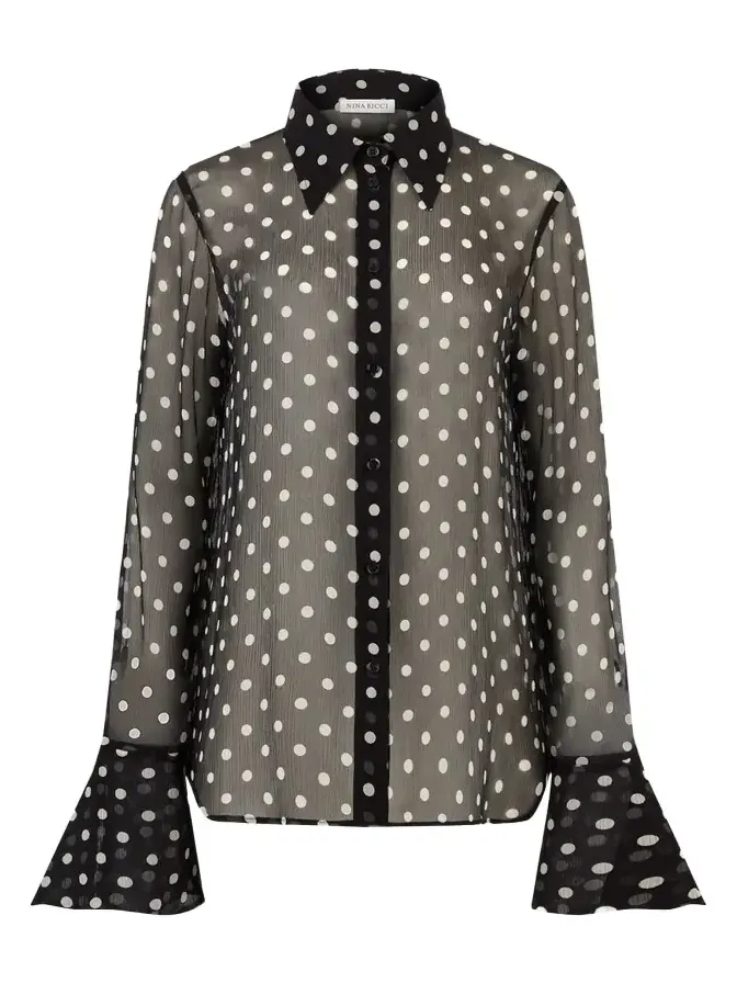 Nina Ricci Chiffon Polka Dot Bell Cuff Blouse
