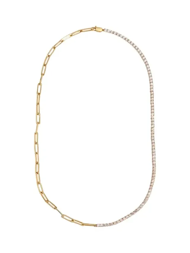 14K Yellow Gold Half Tennis Half Paperclip Necklace, 16.5"L