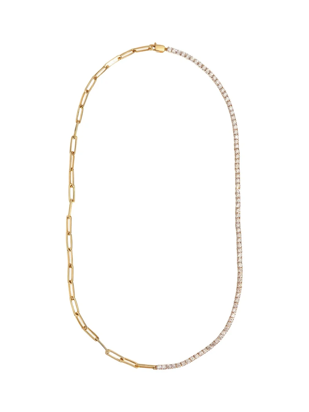 14K Yellow Gold Half Tennis Half Paperclip Necklace, 16.5"L