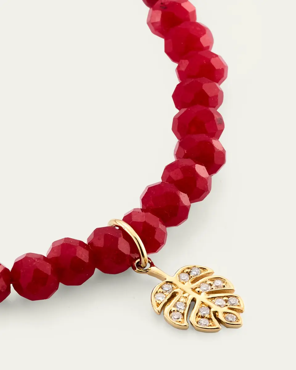Sydney Evan 14K Tiny Monstera Leaf Charm on Dark Red Jade Bracelet | Thumbnail 3 Sydney Evan 14K Tiny Monstera Leaf Charm on Dark Red Jade Bracelet | Thumbnail 3