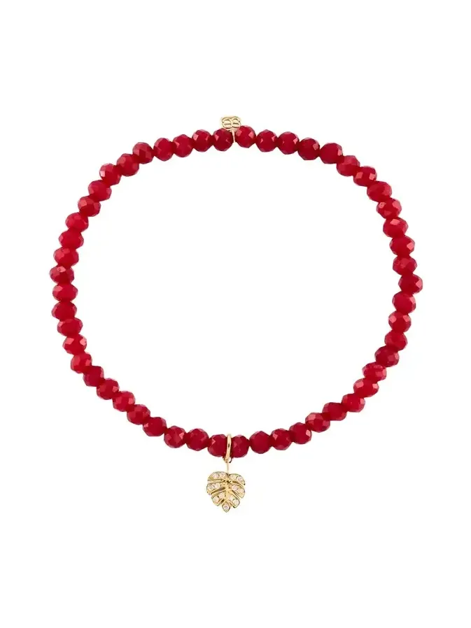 Sydney Evan 14K Tiny Monstera Leaf Charm on Dark Red Jade Bracelet