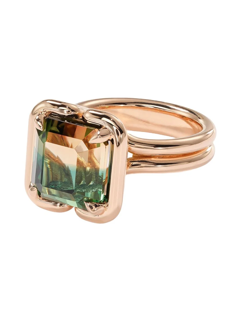 20K Rose Gold Buttress Emerald-Cut Bicolor Tourmaline Solitaire Ring 20K Rose Gold Buttress Emerald-Cut Bicolor Tourmaline Solitaire Ring