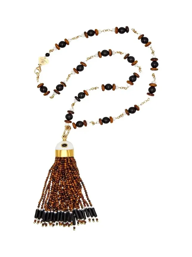 18K Yellow Gold Tassel Charm Pendant Necklace with Pearls and Resin Beads