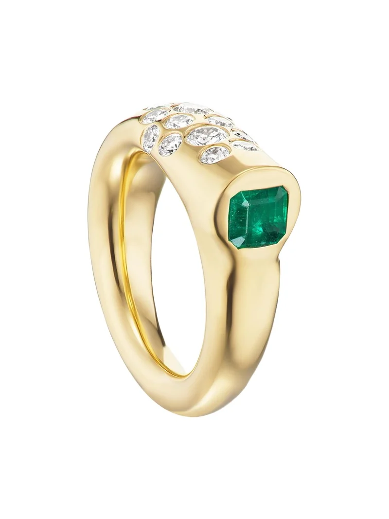 Uniform Object 18K Yellow Gold Small Battery Ring with Diamonds and Asscher-Cut Emerald