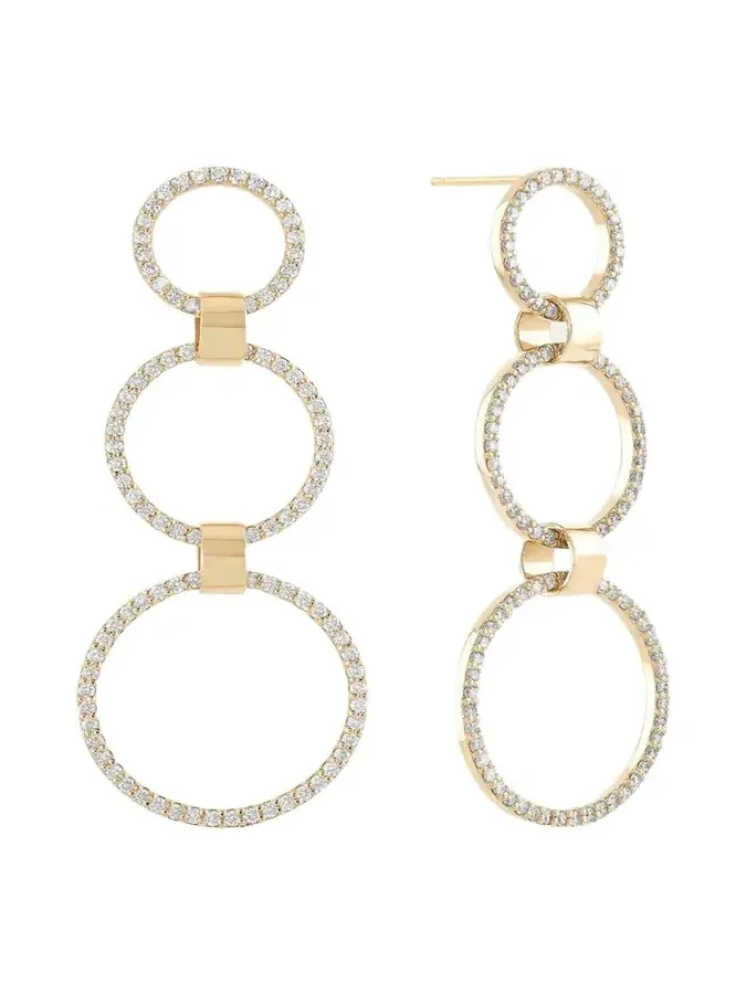 14K Gold Flawless Three Circle Linear Link Earrings