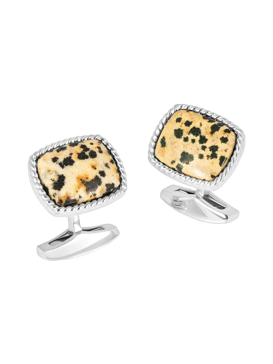 Men's Rhodium-Plated Stainless Steel Dalmatian Jasper Cufflinks, Limited Edition Men's Rhodium-Plated Stainless Steel Dalmatian Jasper Cufflinks, Limited Edition