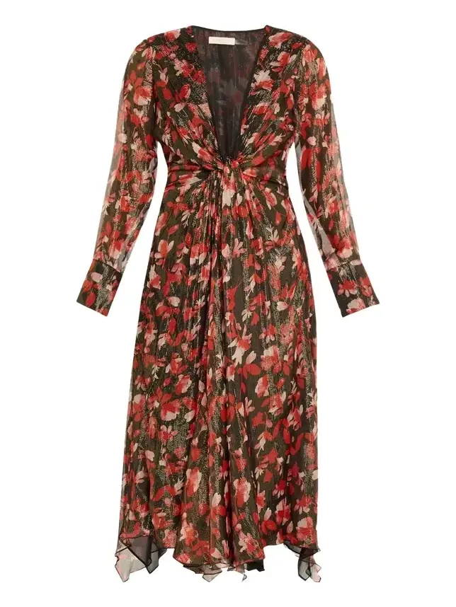 Tatia Plunging Long-Sleeve Midi Dress
