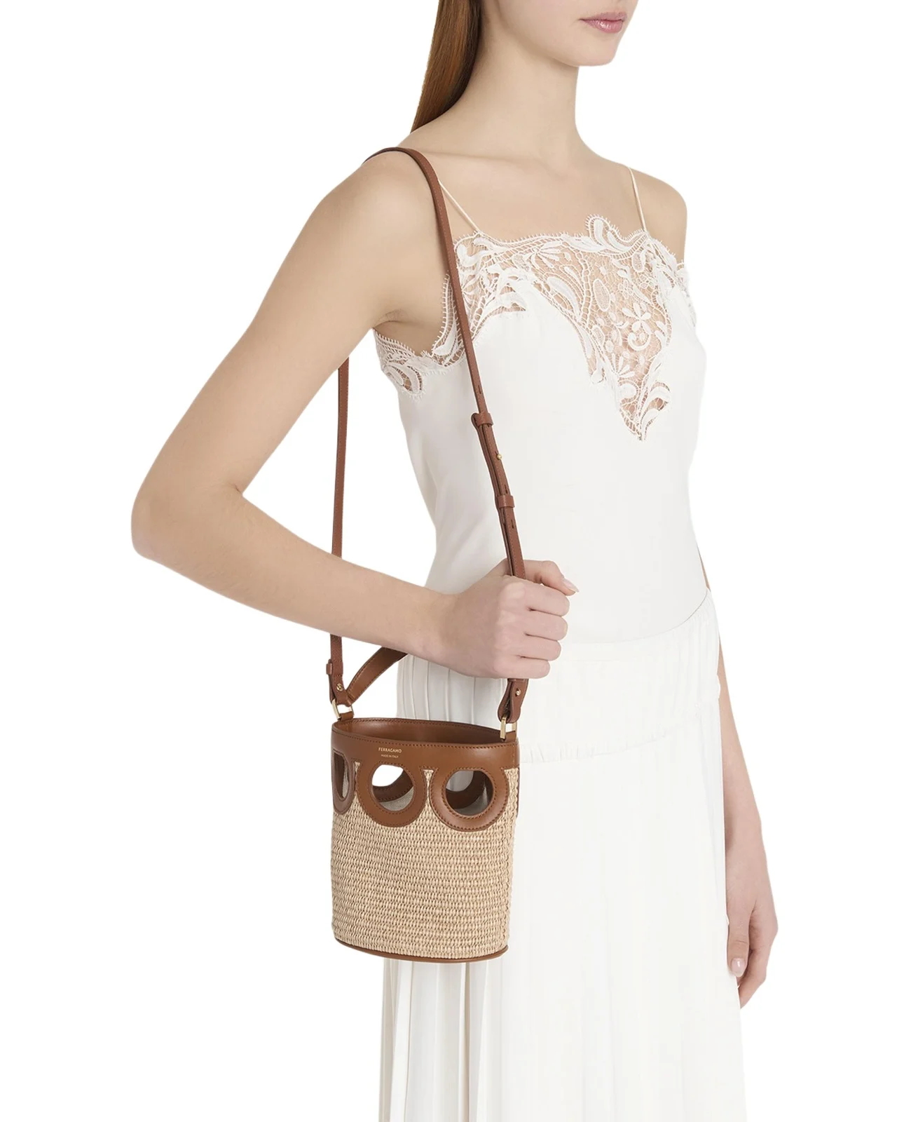 Gancini Frame Raffia Bucket Bag