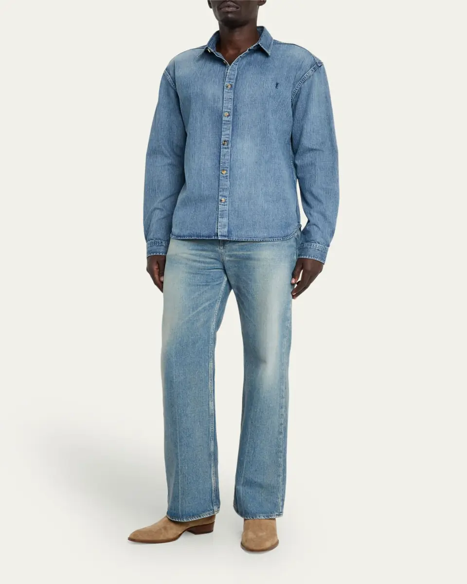 Saint Laurent Men's Cassandra Denim Button-Down Shirt | Thumbnail 2
