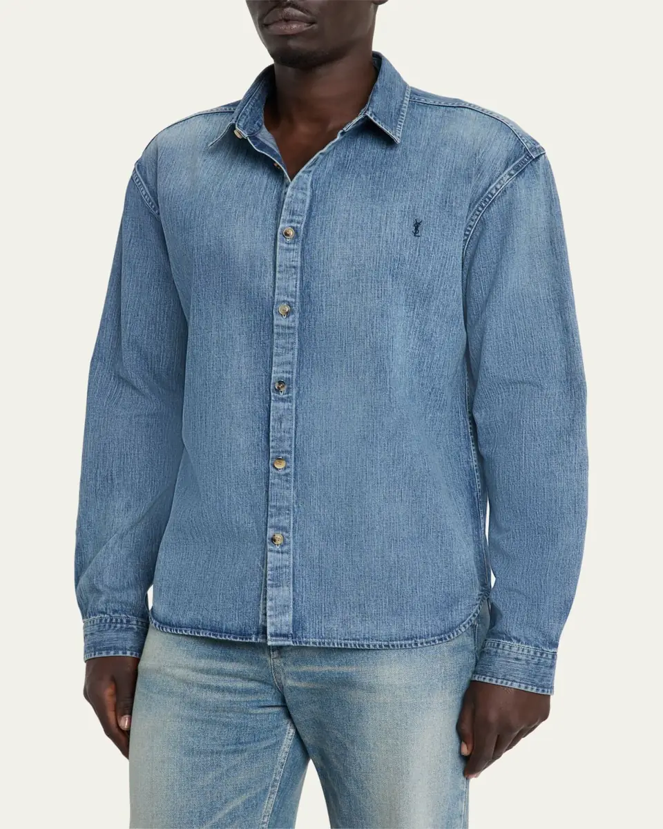 Saint Laurent Men's Cassandra Denim Button-Down Shirt | Thumbnail 4
