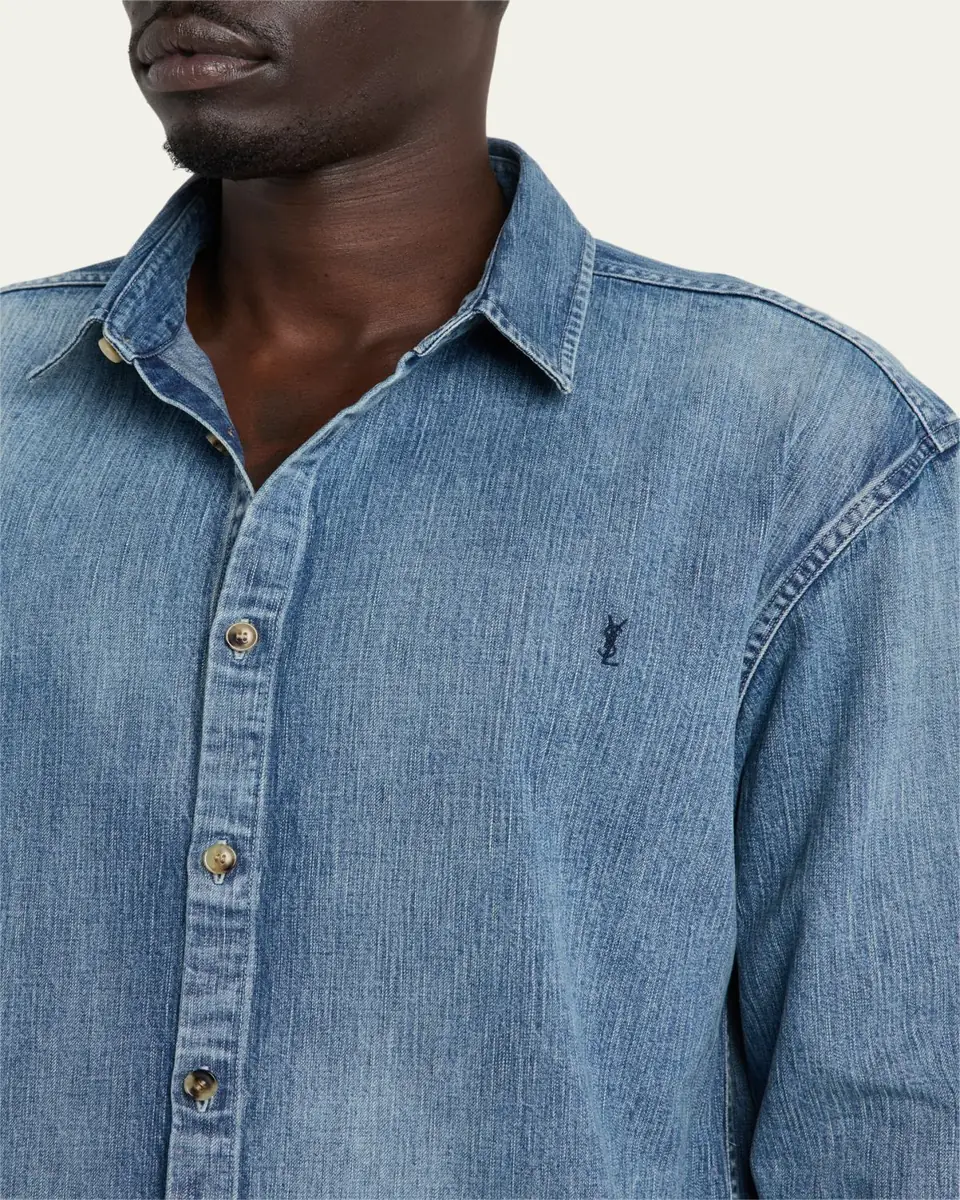 Saint Laurent Men's Cassandra Denim Button-Down Shirt | Thumbnail 5