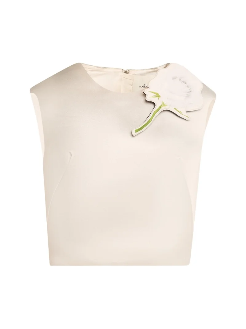 Floral Brooch Cropped Silk Shell Top Floral Brooch Cropped Silk Shell Top