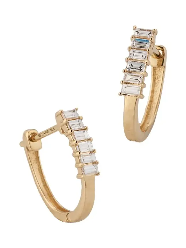 14K Yellow Gold Mini Baguette Diamond Huggie Earrings 14K Yellow Gold Mini Baguette Diamond Huggie Earrings
