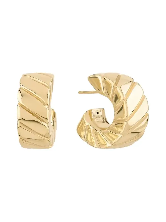 14K Gold Wide Grooved Huggie Earrings