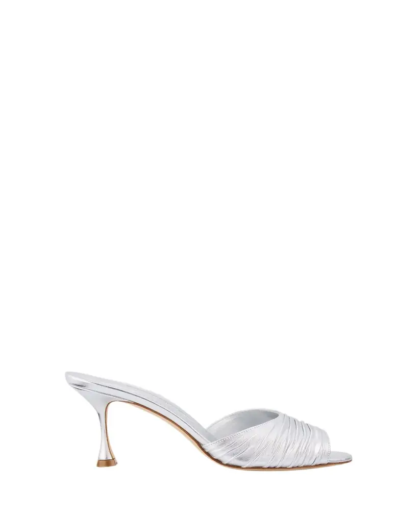 Manolo Blahnik Pirua Ruched Metallic Mule Sandals | Image 1 Manolo Blahnik Pirua Ruched Metallic Mule Sandals | Image 1