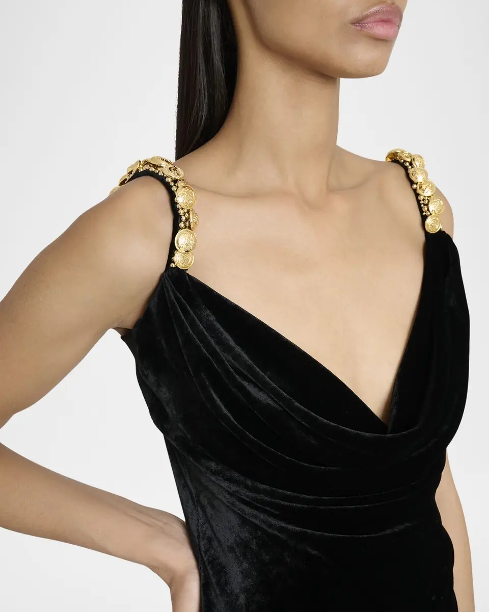 Balmain Button Cowl-Neck Velvet Slit Maxi Dress | Thumbnail 4