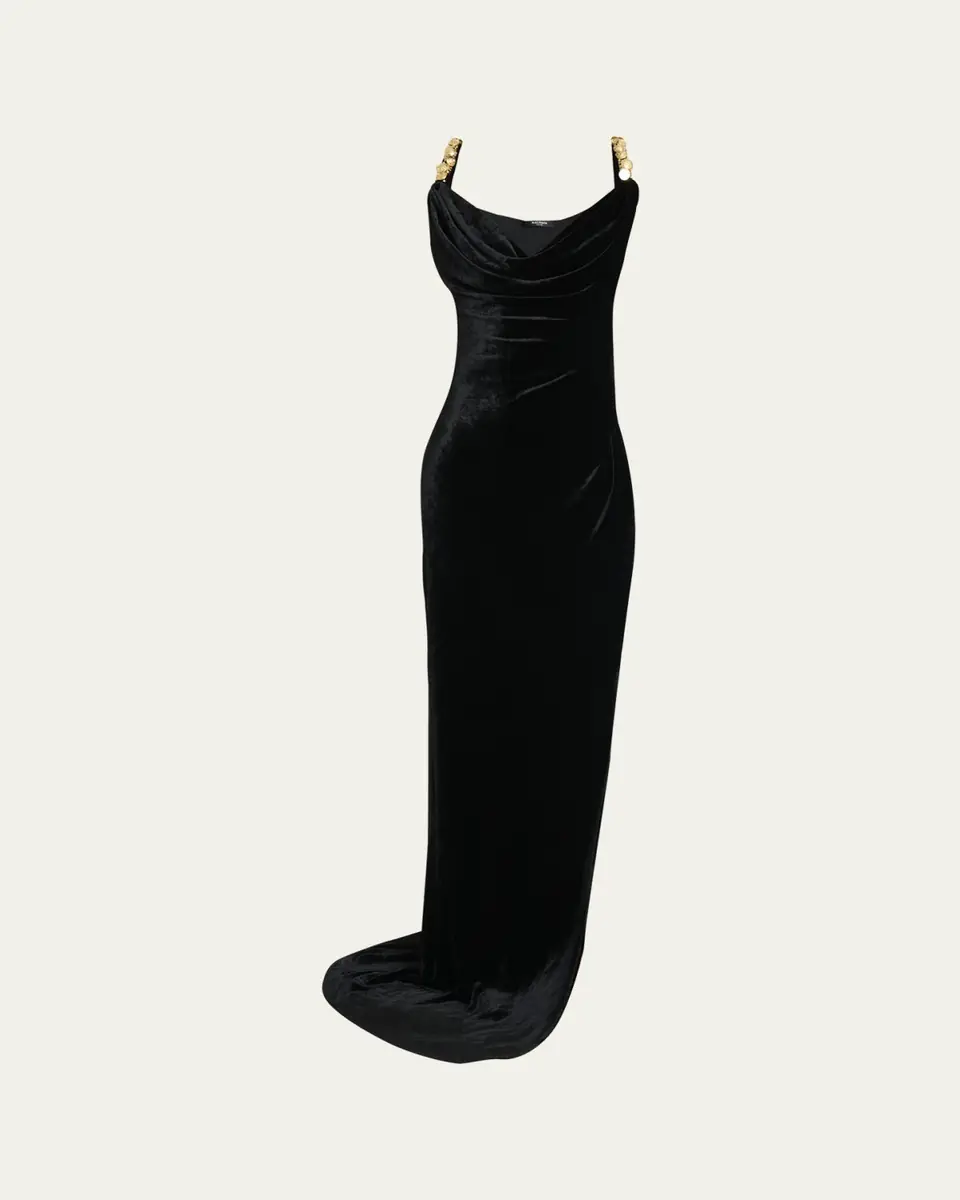 Balmain Button Cowl-Neck Velvet Slit Maxi Dress | Thumbnail 5
