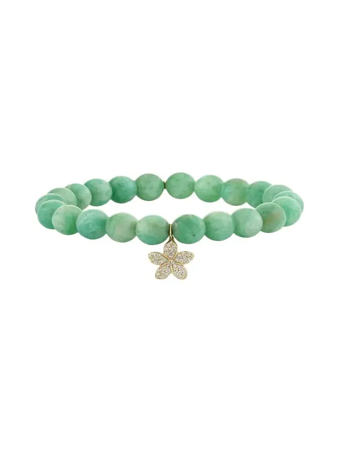 14K Yellow Gold Plumeria Charm and Russian Amazonite Bead Bracelet