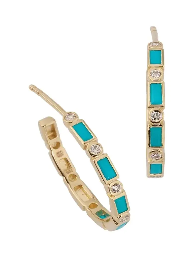 14K Gold Baguette Turquoise and Round Diamond Hoop Earrings
