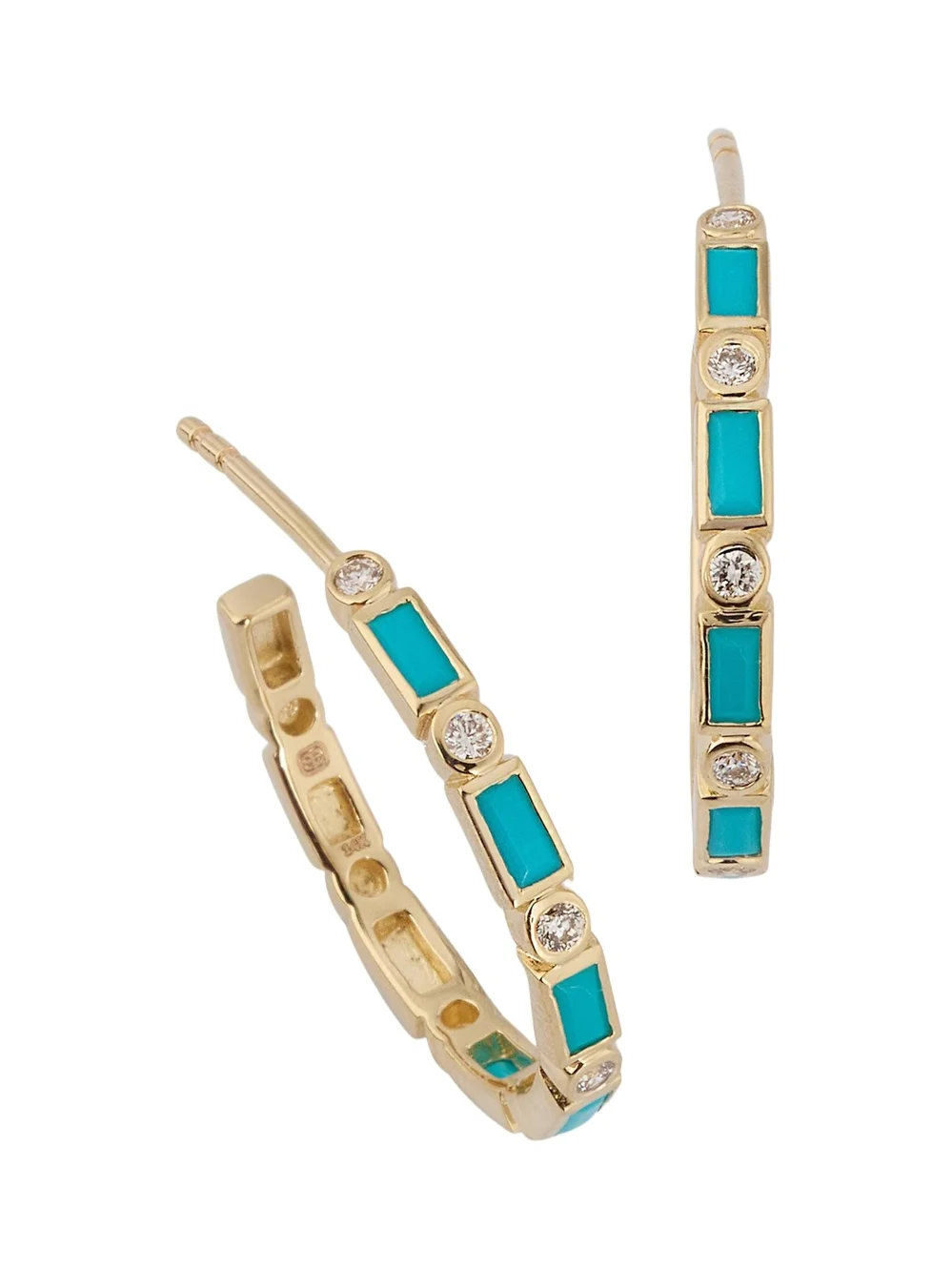 14K Gold Baguette Turquoise and Round Diamond Hoop Earrings