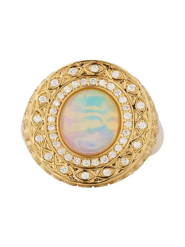 14K Yellow Gold Marquise Eye Opal Cabochon Signet Ring with Diamonds 14K Yellow Gold Marquise Eye Opal Cabochon Signet Ring with Diamonds