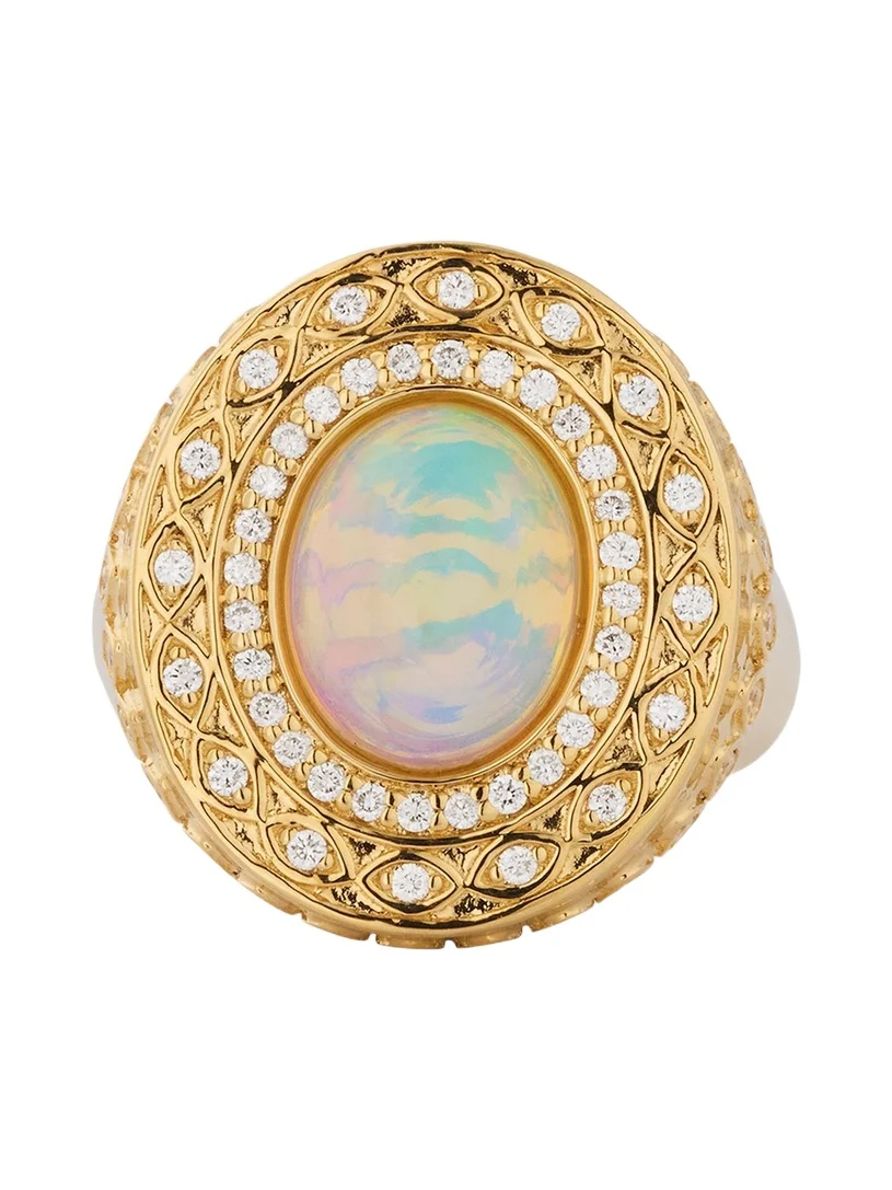 14K Yellow Gold Marquise Eye Opal Cabochon Signet Ring with Diamonds 14K Yellow Gold Marquise Eye Opal Cabochon Signet Ring with Diamonds