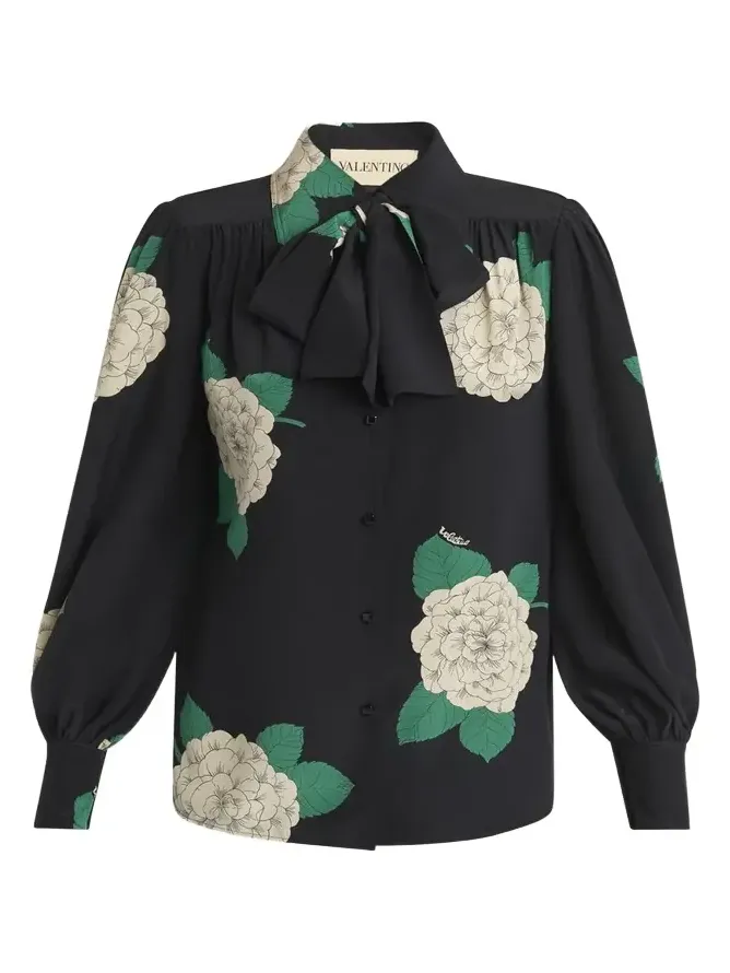 Floral Print Tie-Neck Silk Blouse