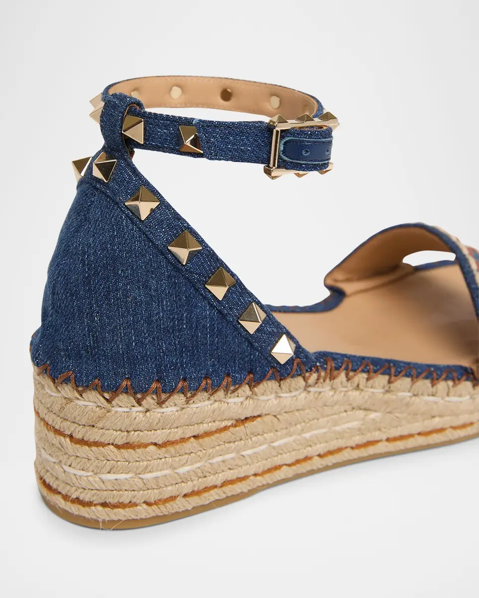 Valentino Garavani 55mm Rockstud Denim Wedge Espadrille Sandals | Thumbnail 4 Valentino Garavani 55mm Rockstud Denim Wedge Espadrille Sandals | Thumbnail 4